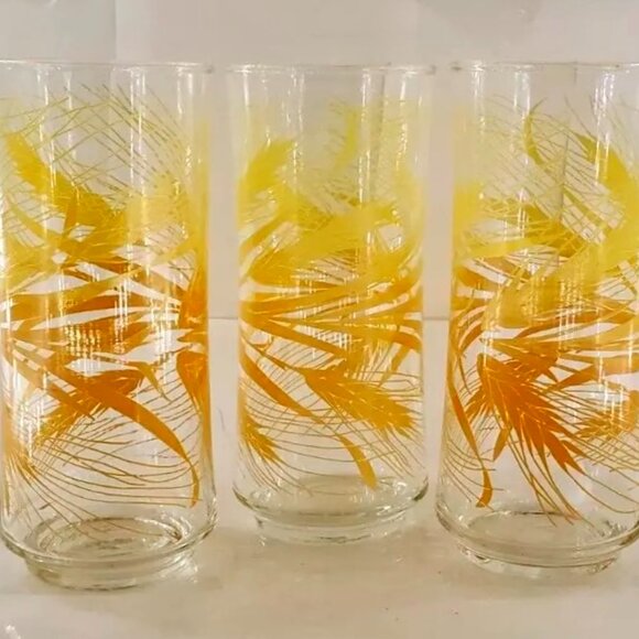 Vintage MCM 70's Libby Golden Wheat Pattern Tumbler Glasses 12 oz Set of 3